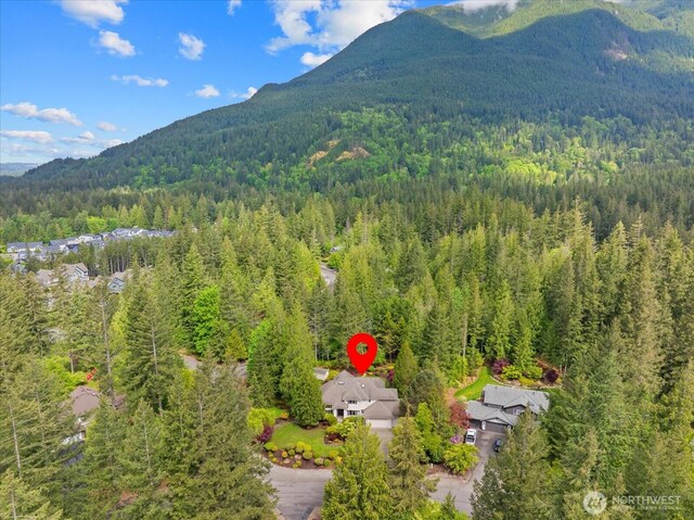 aerial view of a heavily wooded area and a mountainous background