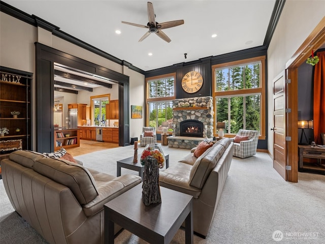 28235 SE 268th St, Ravensdale, WA 98051 - living room featuring ornamental molding, plenty of natural light, light carpet, a ceiling fan, and recessed lighting