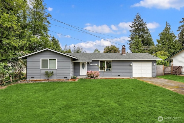 26692 Weaver Ave NW, Poulsbo, WA 98370 - ranch-style house featuring crawl space, driveway, a chimney, a garage, and roof with shingles