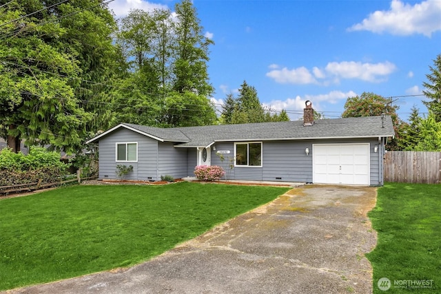 26692 Weaver Ave NW, Poulsbo, WA 98370 - single story home with an attached garage, driveway, a chimney, a shingled roof, and crawl space