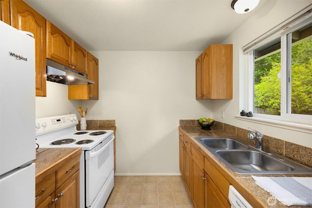 26692 Weaver Ave NW, Poulsbo, WA 98370 - kitchen featuring white appliances, under cabinet range hood, a sink, tile counters, and brown cabinets