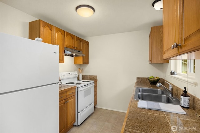 26692 Weaver Ave NW, Poulsbo, WA 98370 - kitchen featuring white appliances, under cabinet range hood, tile countertops, a sink, and brown cabinetry