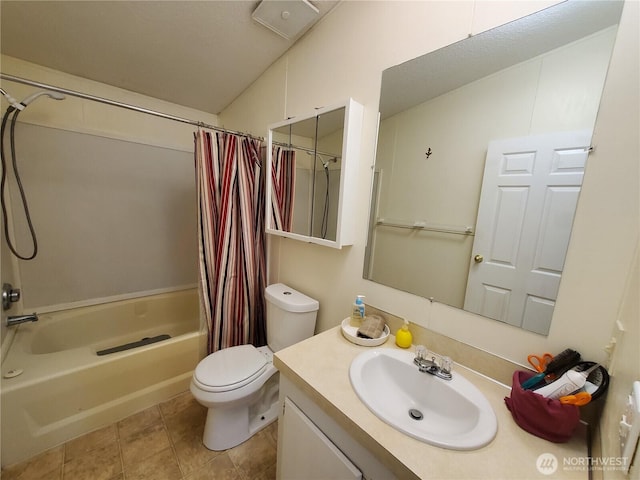 669 Duck Lake Dr NE, Ocean Shores, WA 98569 - bathroom featuring shower / bath combination with curtain, toilet, vanity, and tile patterned flooring