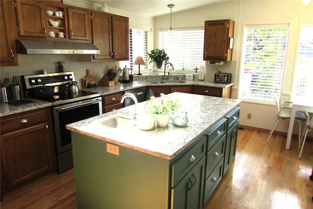 1427 100th St SW Unit 149, Everett, WA 98204 - kitchen featuring range hood, stainless steel electric range oven, a sink, wood finished floors, and ornamental molding