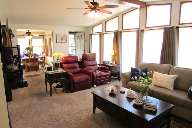 1427 100th St SW Unit 149, Everett, WA 98204 - living area featuring a ceiling fan, lofted ceiling, and carpet flooring