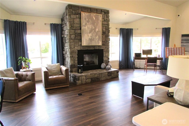 1427 100th St SW Unit 149, Everett, WA 98204 - living room with lofted ceiling, a stone fireplace, and wood finished floors