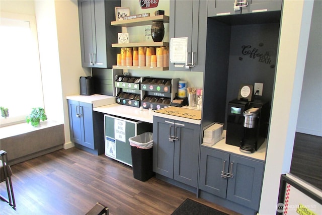 1427 100th St SW Unit 149, Everett, WA 98204 - kitchen with dark wood-style flooring, gray cabinetry, light countertops, and open shelves