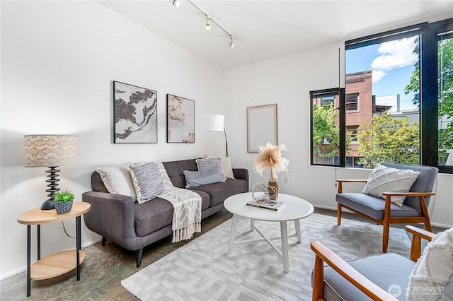 living room with track lighting, wood finished floors, and baseboards