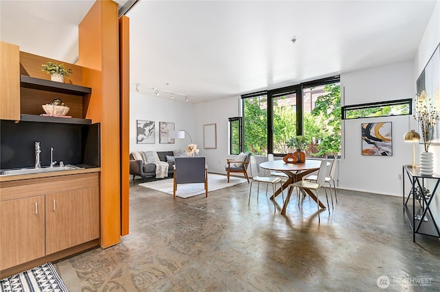 dining space with concrete floors, baseboards, and rail lighting