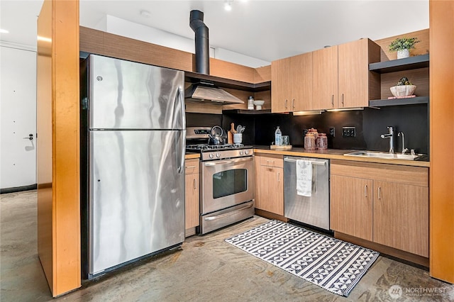 kitchen with open shelves, appliances with stainless steel finishes, and light brown cabinets