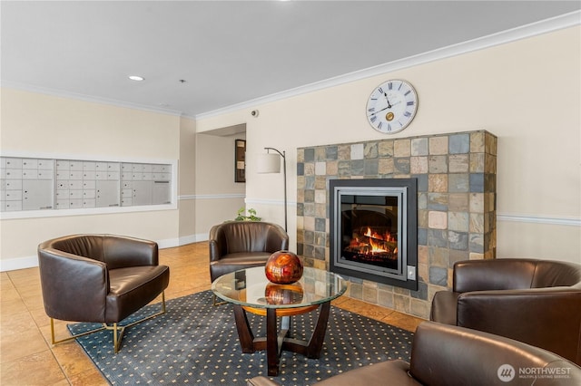 1015 Railroad Ave Unit 415, Bellingham, WA 98225 - living area with mail area, ornamental molding, tile patterned floors, and a glass covered fireplace