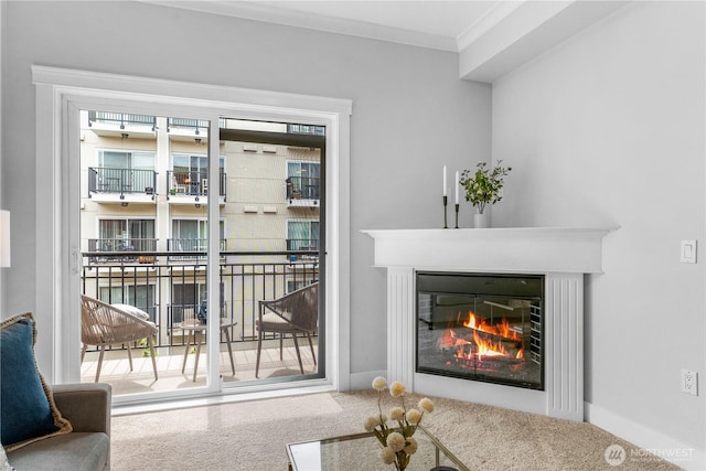 1015 Railroad Ave Unit 415, Bellingham, WA 98225 - living area featuring carpet flooring, a glass covered fireplace, and ornamental molding