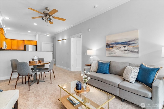 1015 Railroad Ave Unit 415, Bellingham, WA 98225 - living area featuring ornamental molding, ceiling fan, light carpet, baseboards, and recessed lighting