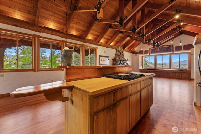 117 Vintin Rd, Carlton, WA 98814 - kitchen featuring black gas stovetop, wooden ceiling, wooden counters, wood finished floors, and beamed ceiling