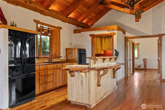 117 Vintin Rd, Carlton, WA 98814 - kitchen featuring black appliances, a sink, wooden ceiling, plenty of natural light, and light wood-style flooring