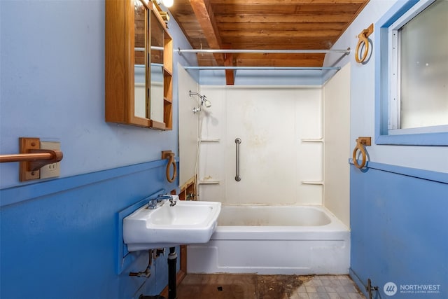 140 Sunstone Rd, Packwood, WA 98361 - full bath featuring wooden ceiling, washtub / shower combination, and a sink
