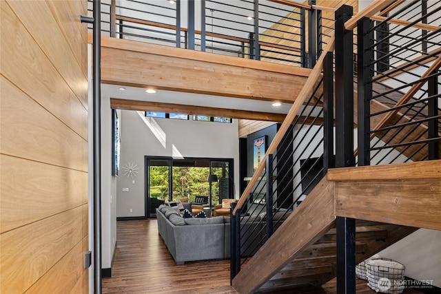 1591 Coal Mine Way, Cle Elum, WA 98922 - stairs with a high ceiling, wood finished floors, recessed lighting, and baseboards