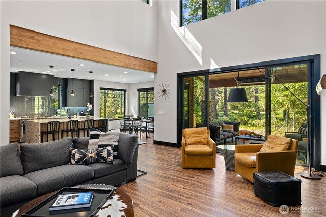 1591 Coal Mine Way, Cle Elum, WA 98922 - living area with wood finished floors, a towering ceiling, baseboards, and recessed lighting