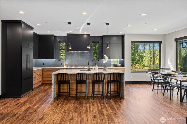 1591 Coal Mine Way, Cle Elum, WA 98922 - kitchen featuring modern cabinets, dark cabinets, dark wood-style floors, tasteful backsplash, and a kitchen island with sink