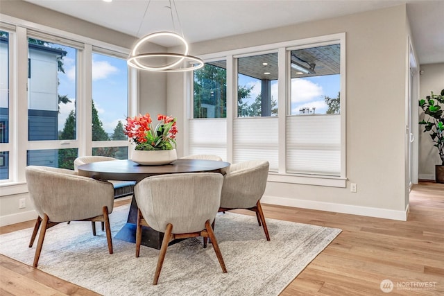 dining area featuring baseboards, healthy amount of natural light, and light wood-type flooring