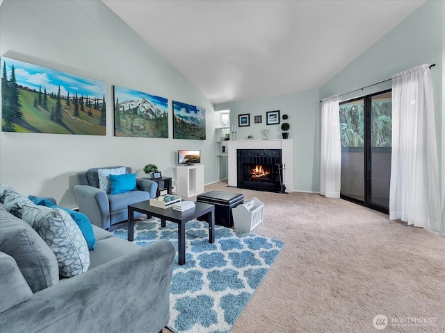 3024 NE 143rd St Unit 304, Seattle, WA 98125 - carpeted living room with a fireplace, high vaulted ceiling, and baseboards