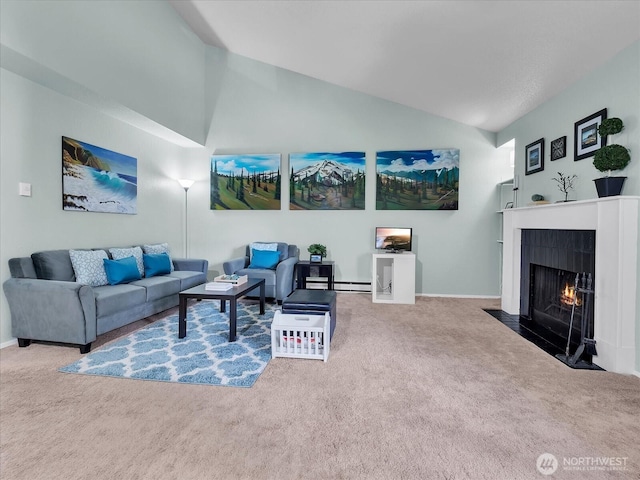 3024 NE 143rd St Unit 304, Seattle, WA 98125 - living area featuring carpet, a fireplace with flush hearth, high vaulted ceiling, and baseboards