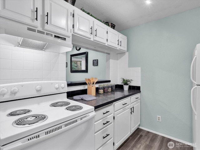3024 NE 143rd St Unit 304, Seattle, WA 98125 - kitchen with white appliances, under cabinet range hood, dark wood finished floors, and white cabinetry