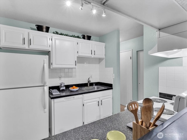 3024 NE 143rd St Unit 304, Seattle, WA 98125 - kitchen with white appliances, a sink, dark countertops, and backsplash