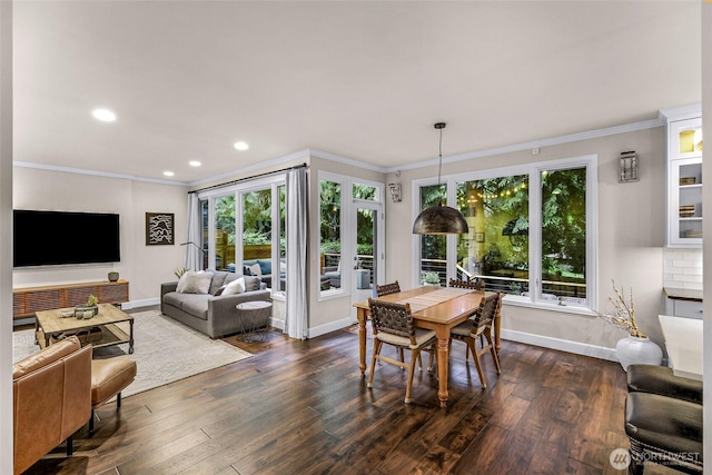 19852 NE 124th Pl, Woodinville, WA 98077 - dining room featuring dark wood-style flooring, crown molding, baseboards, and recessed lighting