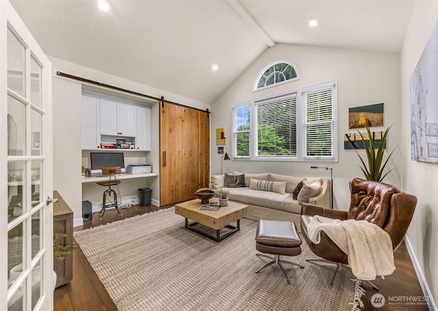 19852 NE 124th Pl, Woodinville, WA 98077 - living room with dark wood-style flooring, a barn door, an office area, baseboards, and high vaulted ceiling