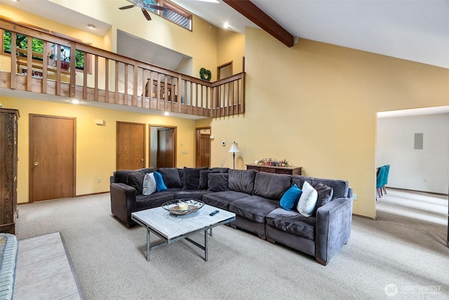 6206 SW Tiger Tail Dr, Olympia, WA 98512 - living room with high vaulted ceiling, carpet, a ceiling fan, beam ceiling, and baseboards
