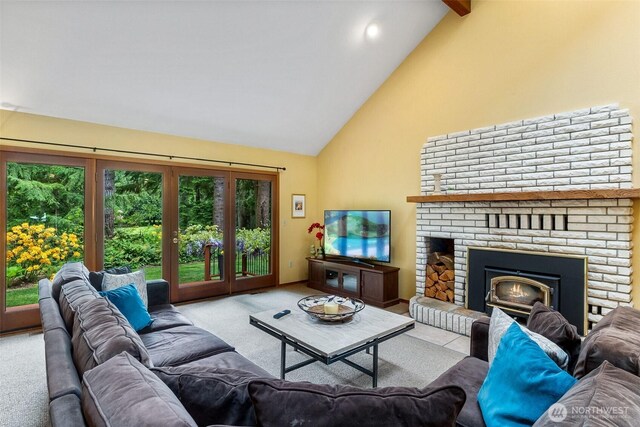 6206 SW Tiger Tail Dr, Olympia, WA 98512 - carpeted living area with high vaulted ceiling, plenty of natural light, a brick fireplace, and beamed ceiling