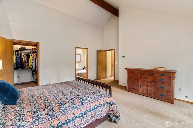 6206 SW Tiger Tail Dr, Olympia, WA 98512 - bedroom featuring carpet flooring, beamed ceiling, high vaulted ceiling, a spacious closet, and baseboards