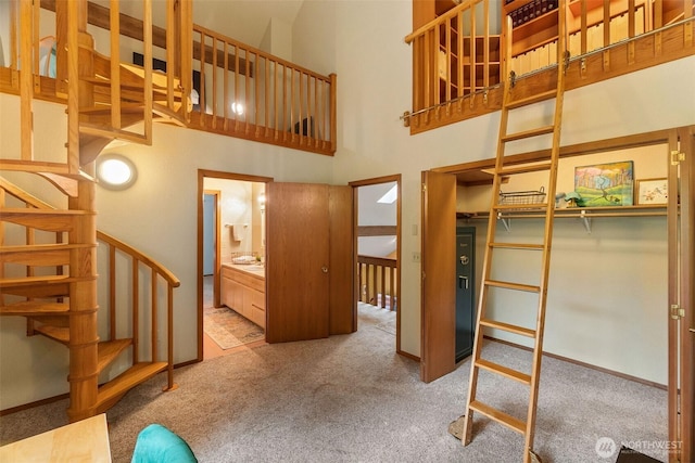 6206 SW Tiger Tail Dr, Olympia, WA 98512 - stairs featuring carpet, a high ceiling, and baseboards