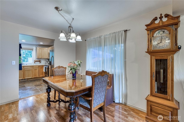 20282 NW Cedar Ln, Poulsbo, WA 98370 - dining room featuring a chandelier, wood finished floors, and baseboards