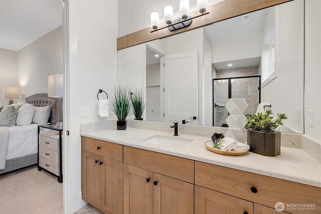 43268 SE 145th Pl, North Bend, WA 98045 - full bath with a shower stall, vanity, and recessed lighting