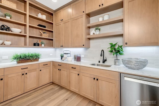 43268 SE 145th Pl, North Bend, WA 98045 - kitchen featuring stainless steel dishwasher, open shelves, light brown cabinetry, a sink, and light wood finished floors