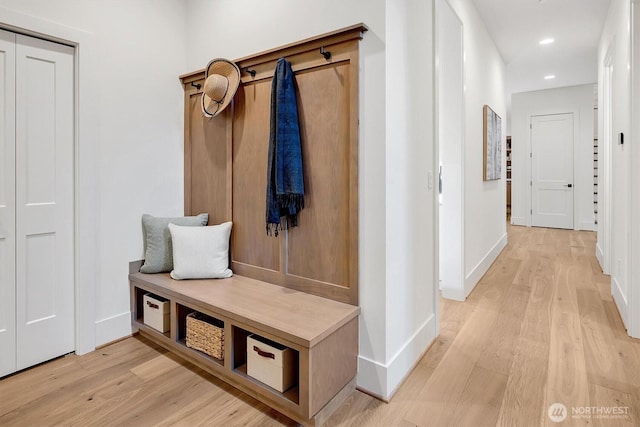 43268 SE 145th Pl, North Bend, WA 98045 - mudroom with light wood-type flooring, baseboards, and recessed lighting