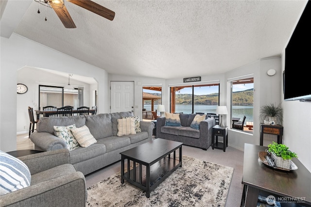 34 Leisure Ln, Manson, WA 98831 - living area with a ceiling fan, a textured ceiling, carpet, and baseboards
