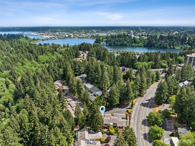 view of property location featuring a forest and a nearby body of water