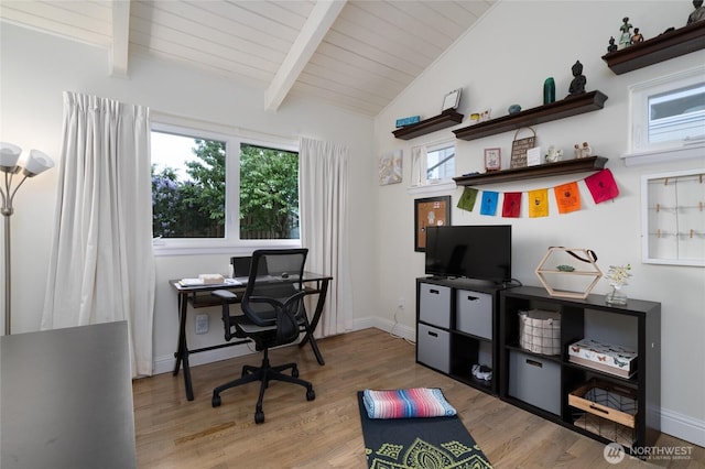 5011 Channel View Ln, Anacortes, WA 98221 - home office featuring wood finished floors, plenty of natural light, baseboards, and wooden ceiling