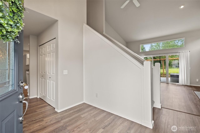 7521 Sterling Pl, Arlington, WA 98223 - foyer entrance with wood finished floors, stairs, baseboards, recessed lighting, and ceiling fan