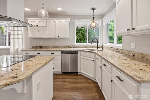 7521 Sterling Pl, Arlington, WA 98223 - kitchen with dishwasher, a sink, island range hood, black electric cooktop, and dark wood-style flooring