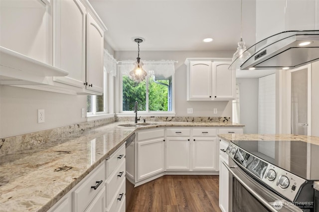 7521 Sterling Pl, Arlington, WA 98223 - kitchen featuring a sink, decorative light fixtures, appliances with stainless steel finishes, white cabinetry, and recessed lighting