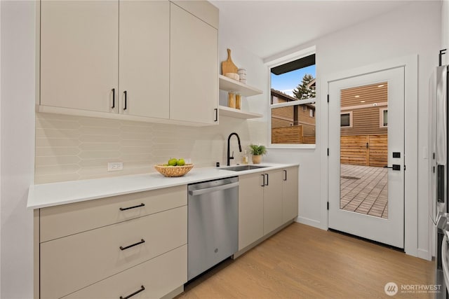 1523 N 39th St, Seattle, WA 98103 - kitchen with dishwasher, backsplash, light countertops, light wood-style flooring, and open shelves