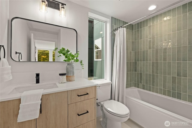 1523 N 39th St, Seattle, WA 98103 - bathroom with vanity, shower / tub combo with curtain, and recessed lighting