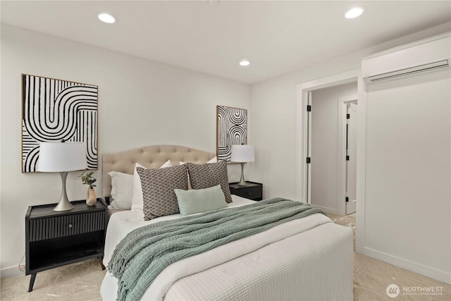 1523 N 39th St, Seattle, WA 98103 - bedroom featuring a wall mounted air conditioner, carpet floors, and recessed lighting