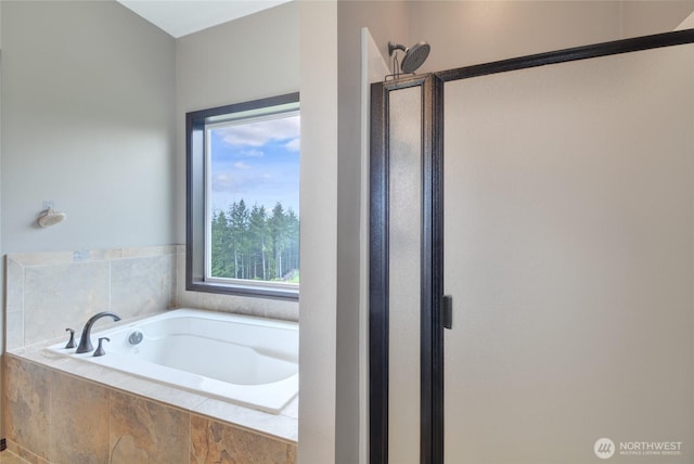 bathroom with a stall shower and a bath