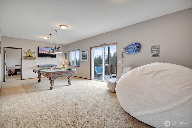 playroom with billiards table, light colored carpet, and baseboards