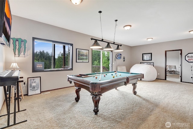 recreation room with carpet flooring, billiards table, and baseboards